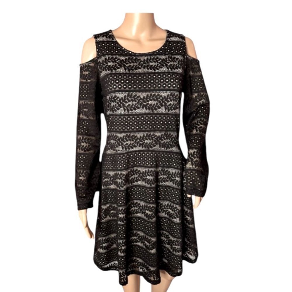 Mystree Black & Nude Fit and Flare Cold Shoulder Dress NWT
